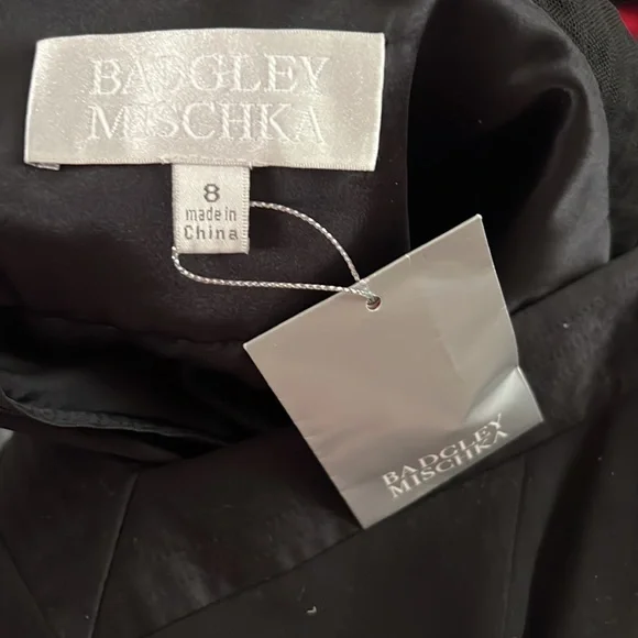 NWT🌷BADGLEY MISCHKA🌷Black net illusion trim silk sweetheart neck SS flare LBD - Picture 5 of 6